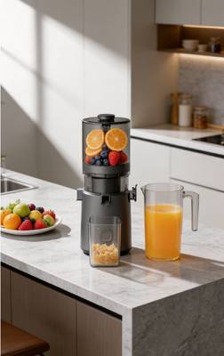 Juicer Lambat Masticating Ekstra Lebar Fresh Smart HJ303 – Demi Kecintaan Jus Segar dengan Corong 155mm, Hopper 2400ml, Cold Press 200W & Pembersihan Mandiri
