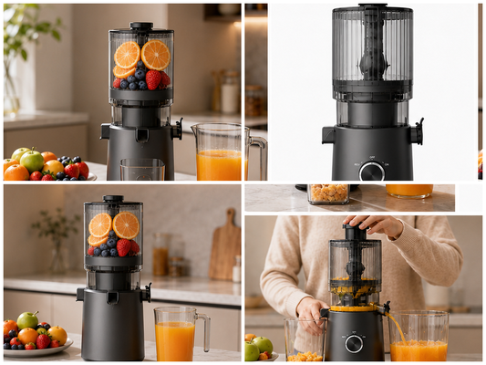 Juicer Lambat Masticating Ekstra Lebar Fresh Smart HJ303 – Demi Kecintaan Jus Segar dengan Corong 155mm, Hopper 2400ml, Cold Press 200W & Pembersihan Mandiri