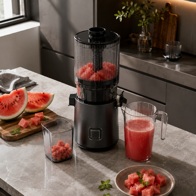 Fresh Smart HJ303 Extra-Wide Slow Masticating Juicer ️ Seni Juicing Dibuat Tanpa Usaha dengan Chute 155mm, Hopper 2400ml, Cold Press 200W & Self-Cleaning