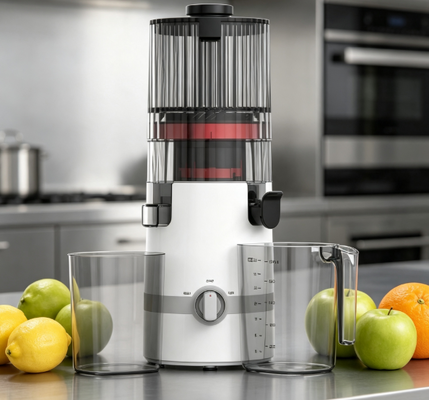 Juicer Masticating Lambat Pintar HJ102B – Makanan Asli, Cepat, Aman dengan Corong 135mm, Cold Press 200W, Pembersih Otomatis & Kunci Pintar untuk Keluarga